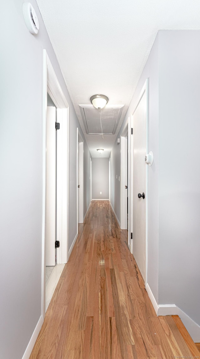 corridor featuring attic access, baseboards, and light wood finished floors