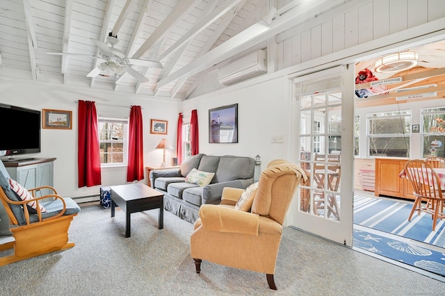 carpeted living area with vaulted ceiling with beams, ceiling fan, a wall unit AC, and wooden ceiling