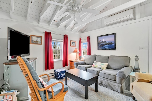 living room with wood ceiling, a wall mounted air conditioner, ceiling fan, and lofted ceiling with beams