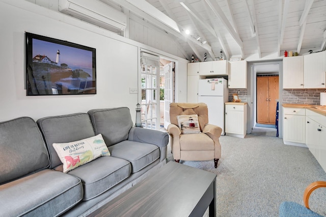 living room featuring an AC wall unit, light carpet, wooden ceiling, and lofted ceiling with beams