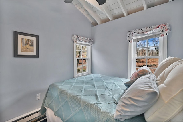 bedroom with vaulted ceiling with beams, ceiling fan, a baseboard radiator, and wood ceiling