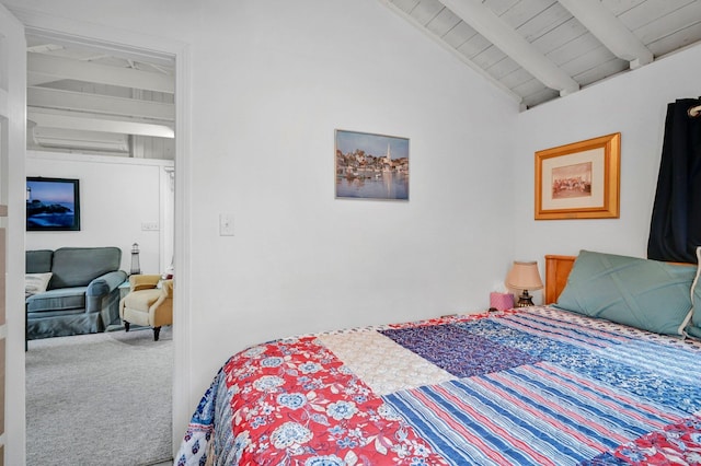 bedroom featuring vaulted ceiling with beams, wooden ceiling, and carpet flooring