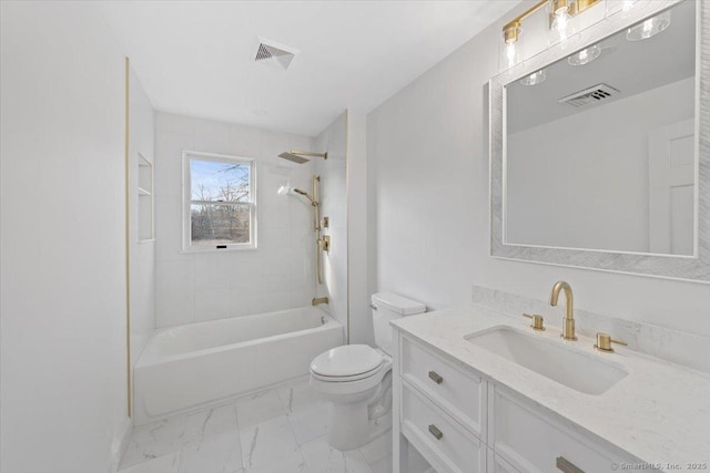 full bath with toilet, marble finish floor, visible vents, and vanity