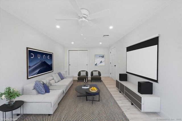 cinema with baseboards, a ceiling fan, visible vents, and recessed lighting