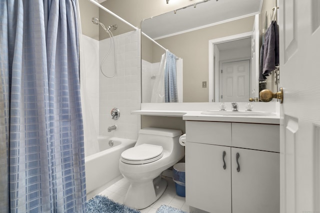 full bath featuring tile patterned flooring, toilet, vanity, shower / tub combo with curtain, and crown molding