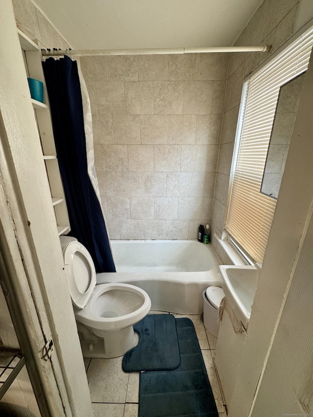 bathroom with toilet, shower / tub combo, and tile patterned flooring