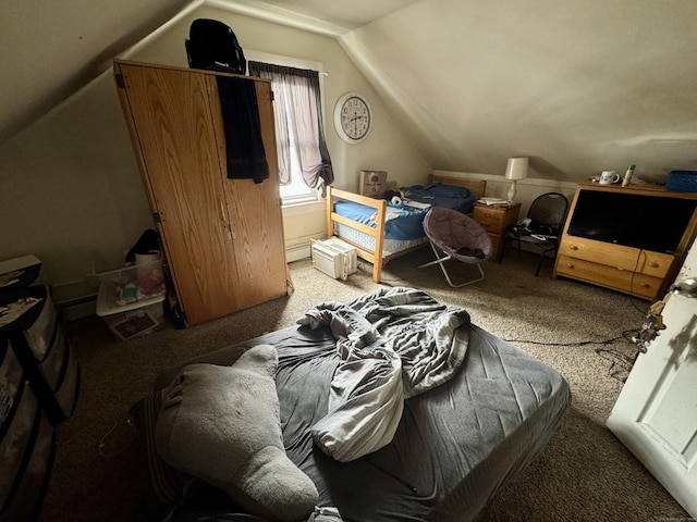 bedroom with a baseboard radiator, vaulted ceiling, and carpet flooring