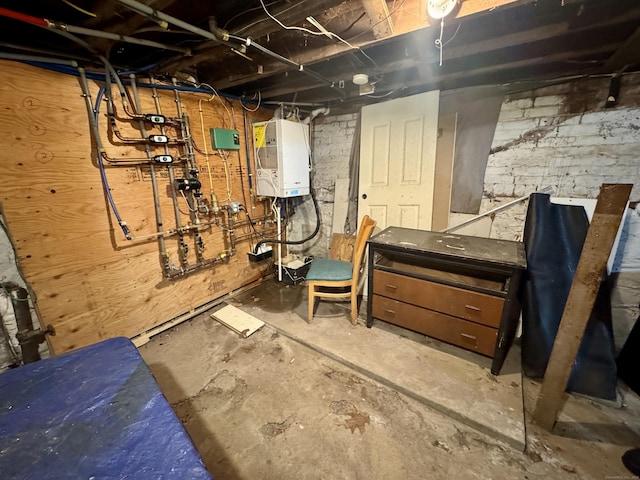 unfinished basement featuring water heater