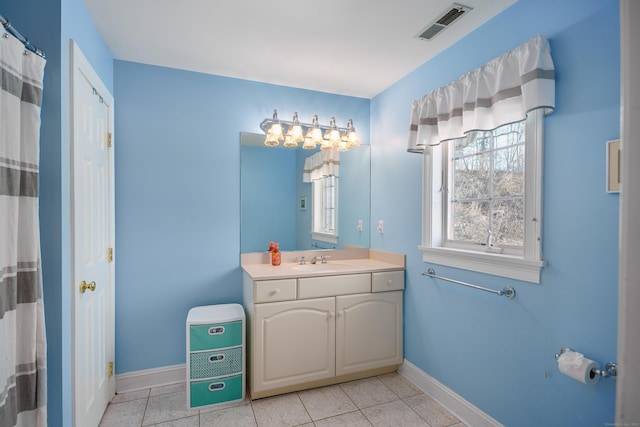 bathroom with visible vents, baseboards, and tile patterned floors