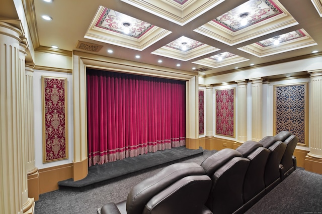 home theater with ornamental molding, coffered ceiling, recessed lighting, and ornate columns