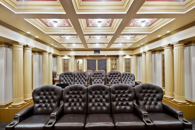 home theater room featuring coffered ceiling, beam ceiling, and ornate columns