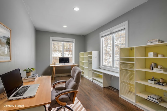 office area with plenty of natural light, wood finished floors, visible vents, and recessed lighting