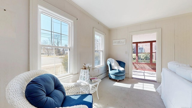 living area with a wealth of natural light, carpet floors, and ornamental molding