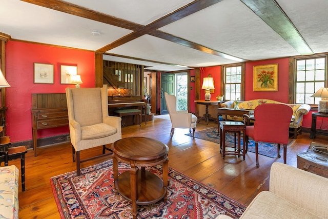 64 Old Kings Hwy S, Darien, CT 06820 - living room featuring wood-type flooring and beamed ceiling