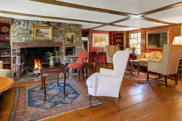 64 Old Kings Hwy S, Darien, CT 06820 - living area featuring hardwood / wood-style floors, a fireplace, built in shelves, and beamed ceiling