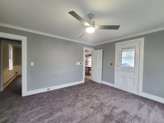 unfurnished bedroom with baseboards, a ceiling fan, crown molding, carpet flooring, and a baseboard heating unit