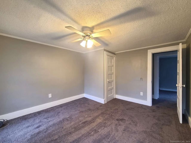 unfurnished bedroom featuring a textured ceiling, baseboards, ornamental molding, baseboard heating, and dark colored carpet