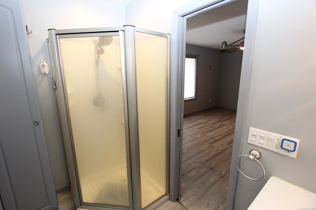 bathroom with a shower stall and wood finished floors