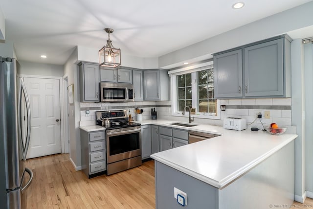 kitchen with tasteful backsplash, a peninsula, stainless steel appliances, gray cabinetry, and a sink