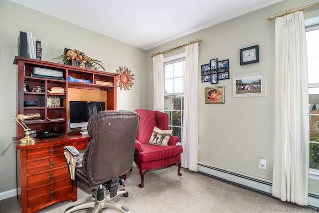 home office featuring a baseboard radiator and carpet flooring