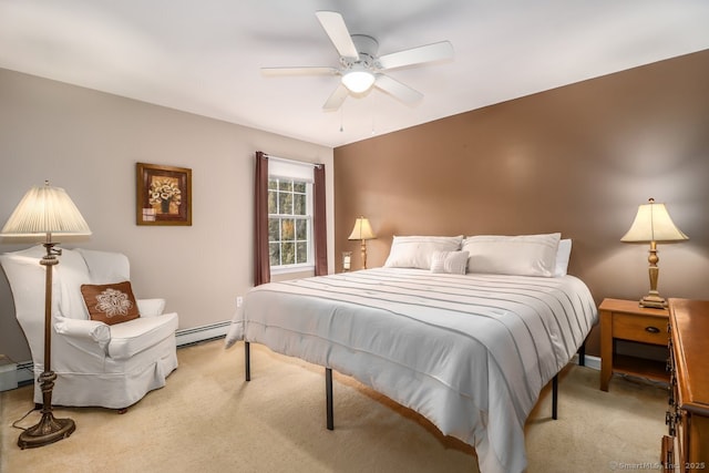 bedroom with a baseboard radiator, a ceiling fan, and light colored carpet