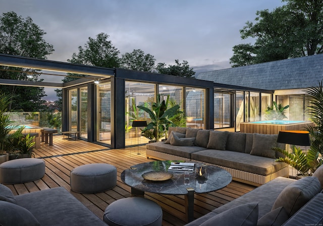 457 Field Point Rd, Greenwich, CT 06830 - deck at dusk with an outdoor living space and outdoor dining area