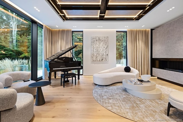 457 Field Point Rd, Greenwich, CT 06830 - interior space featuring recessed lighting, floor to ceiling windows, coffered ceiling, and wood finished floors