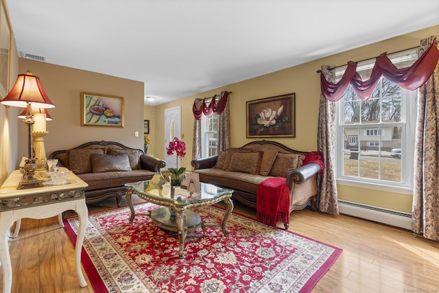 living room featuring baseboard heating, wood finished floors, and visible vents