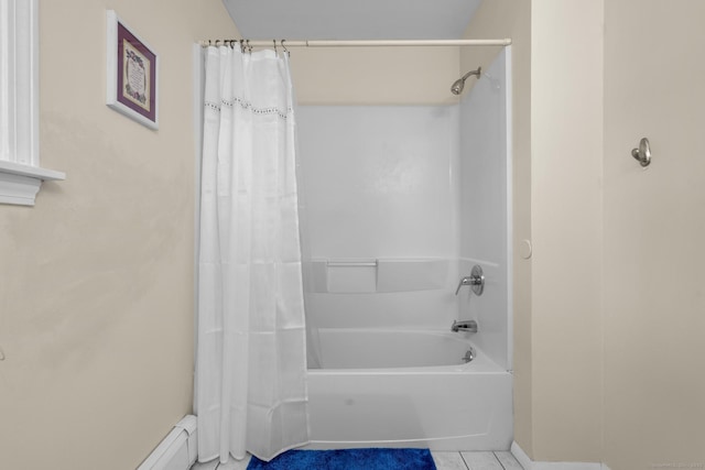 full bath featuring tile patterned floors and shower / bathtub combination with curtain