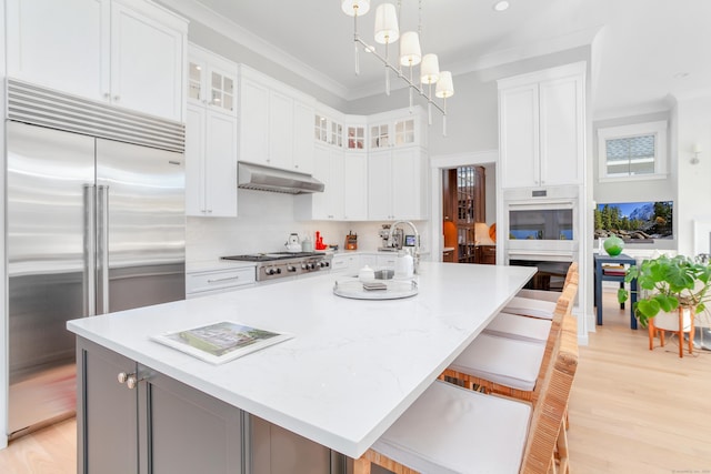 kitchen featuring a large island, light wood-style flooring, appliances with stainless steel finishes, ornamental molding, and under cabinet range hood