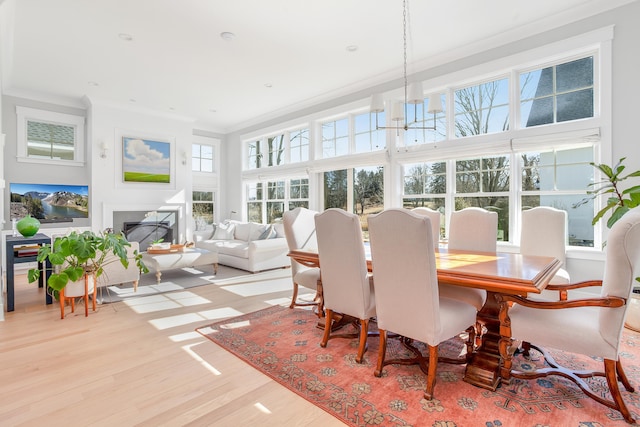 sunroom with an inviting chandelier and a fireplace