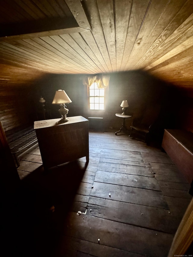 misc room with wooden ceiling, wood-type flooring, and vaulted ceiling