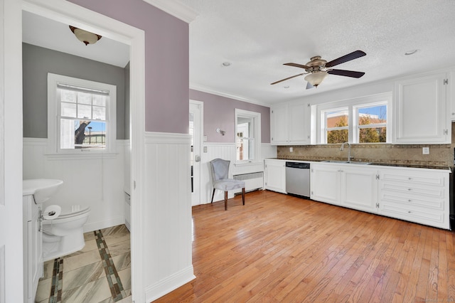 kitchen featuring a sink, white cabinetry, stainless steel dishwasher, wainscoting, and radiator