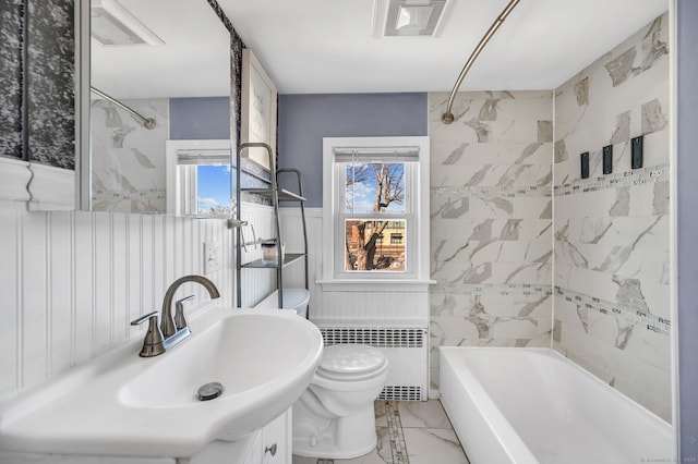 full bathroom with toilet, marble finish floor, radiator heating unit, and visible vents