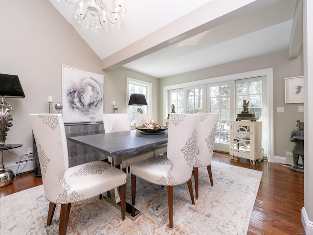 157 N Ave, Westport, CT 06880 - dining room with wood finished floors, an inviting chandelier, a baseboard radiator, baseboards, and vaulted ceiling