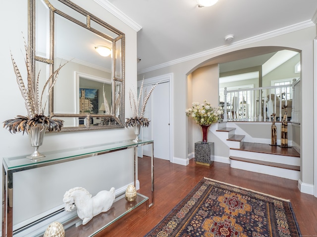 157 N Ave, Westport, CT 06880 - entrance foyer with baseboards, arched walkways, wood finished floors, and ornamental molding