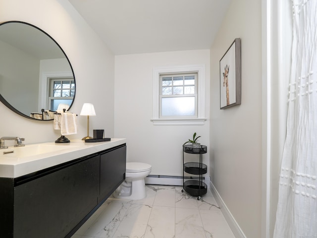 157 N Ave, Westport, CT 06880 - full bathroom with a baseboard heating unit, baseboards, toilet, marble finish floor, and vanity