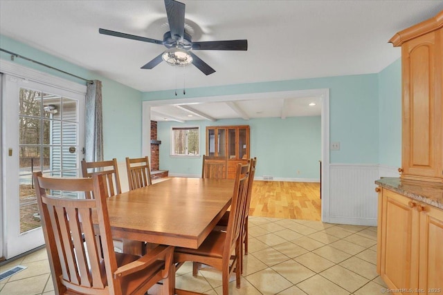 dining space featuring a ceiling fan, a wainscoted wall, visible vents, and light tile patterned flooring