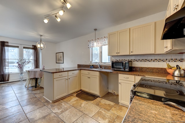 kitchen featuring tasteful backsplash, stainless steel microwave, a peninsula, under cabinet range hood, and a sink