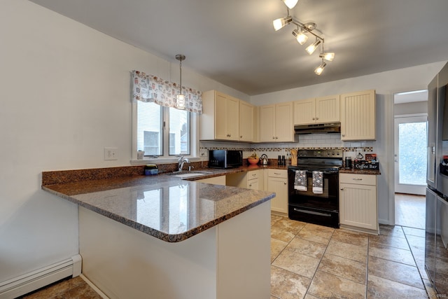 kitchen featuring black electric range, a baseboard radiator, decorative backsplash, a peninsula, and under cabinet range hood