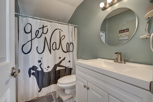 bathroom featuring vaulted ceiling, vanity, toilet, and a shower with curtain