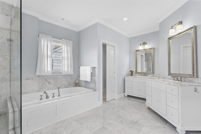 full bathroom with marble finish floor, visible vents, ornamental molding, a sink, and a bath