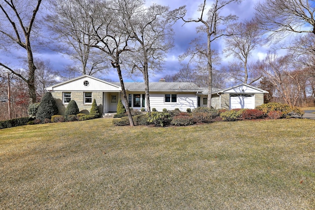 ranch-style home with stone siding, a chimney, and a front yard