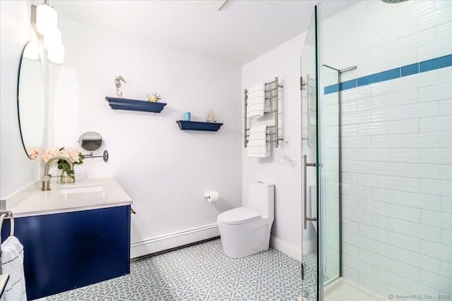 full bath with baseboards, toilet, baseboard heating, a stall shower, and vanity