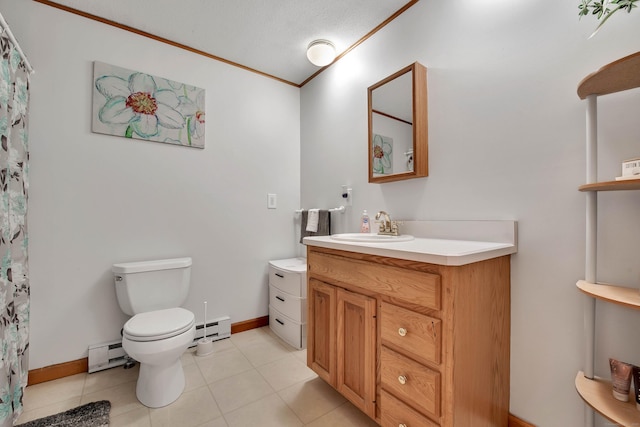 full bath with a baseboard radiator, ornamental molding, tile patterned floors, toilet, and baseboard heating