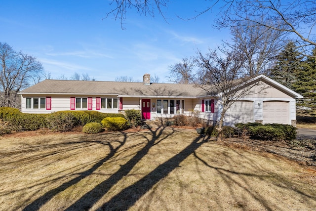 ranch-style house with a porch, a chimney, a garage, and dirt driveway