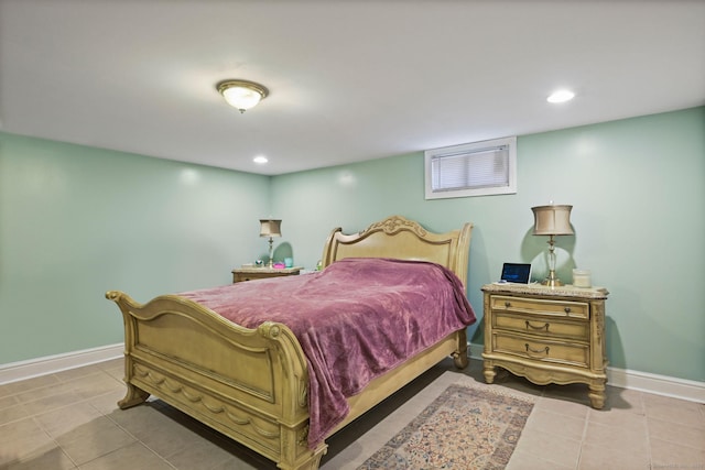 bedroom featuring recessed lighting, baseboards, and tile patterned floors