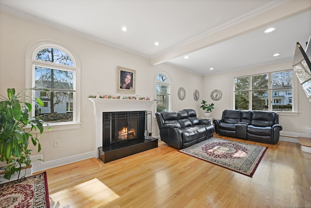 living area with a warm lit fireplace, crown molding, baseboards, and wood finished floors