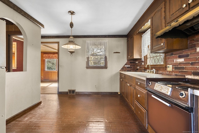 kitchen featuring electric range, visible vents, baseboards, under cabinet range hood, and a sink