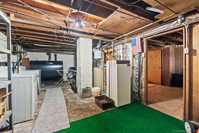 unfinished basement with heating fuel and washing machine and dryer